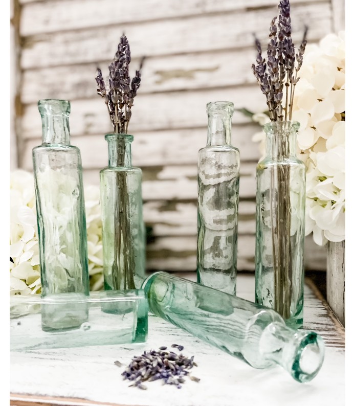 Antique English Cylinder Glass Bottles, Aqua Glass - set of 3